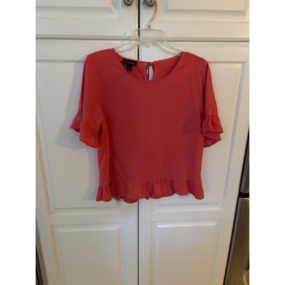 I.N. Studio Petite Coral Pink Ruffle Hem Short‎ Sleeve Linen Blend Blouse PS